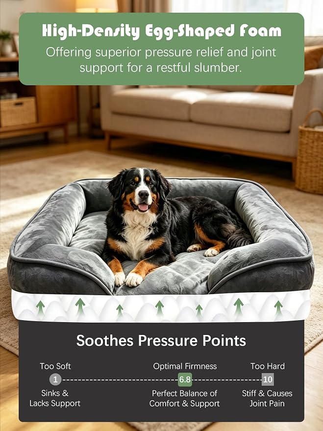 Spotted Play Orthopedic Dog Bed with Sides - Sofa Beds for Extra Large Dogs, Supportive Foam Pet Couch Bed with Washable Removable Cover, Waterproof Lining and Non-Slip Bottom, Dark Grey - XL-Plus
