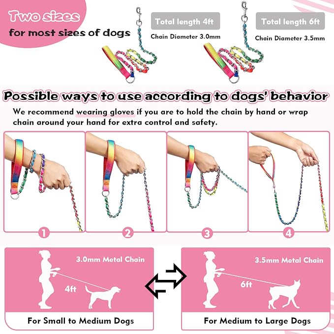 Heavy Duty Metal Dog Chain Leash with Comfortable PU Leather Padded Handle, Chew Proof for Medium Large Pooch Walking Training (6FT 3.5mm Colorful)