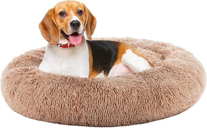 DUMOS Calming Donut Dog Beds for Large Dogs, 37.4x37.4 in Machine Washable Cuddler Warming Cozy Fluffy Faux Fur Plush Round Pet Bed, Anti-Slip Bed for Indoor Dogs and Cats, Brown