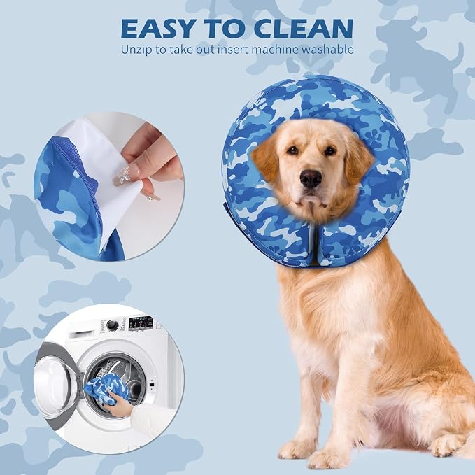 IEUUMLER Inflatable Recovery Dog Cone Collar, Neck Donut Protective ECollar, Adjustable Soft Collar for Dog and Cat After Surgery Prevent from Biting & Licking EU020 Blue Camo M