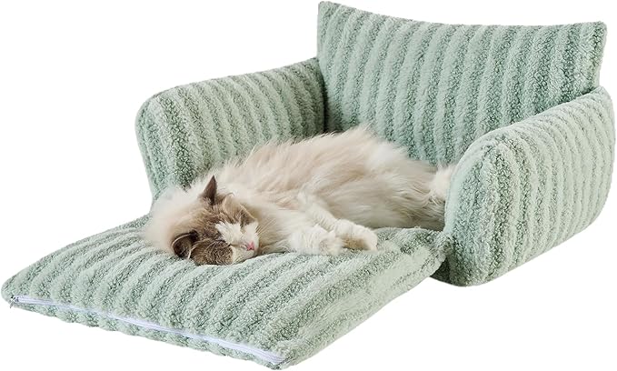 Hollypet Cat Bed Fluffy Plush Multifunctional Double-Layer Machine Washable Soft Warming Kitty Pet Couch Orthopedic Nest Beds for Small Cats Kitten and Dogs up to 13lbs, Light Green(25x20x13 inch)