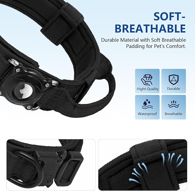 Waterproof AirTag Dog Collar with QR ID Tag, Tactical Military Dog Collar with Built-in AirTag Holder, Heavy Duty Metal Buckle & Control Handle, Training GPS Tracker Collar for Large Dogs(Black,XL)