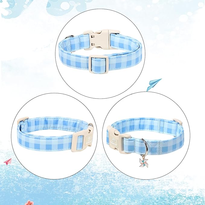 Boy Dog Collar Blue Gingham Dog Collars for Medium Dogs - Lightweight Adjustable Spring/Summer Plaid Male Female Dogs Everyday Collar with Safety Buckle M