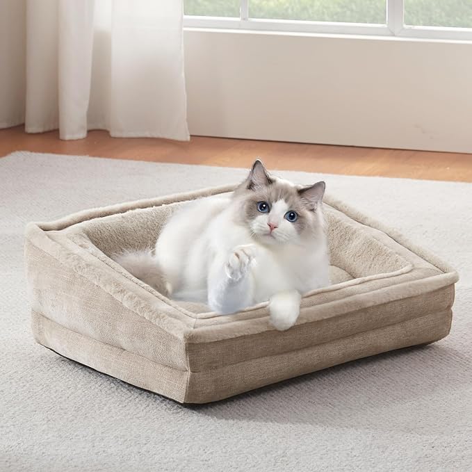 Laojin Balhen Cat Couch for Pets, Washable Cat Beds for Indoor Cats, Super Soft Plush Supportive Dog Couch Bed for Puppy and Kitten with Anti-Slip Bottom, 24inch, Beige