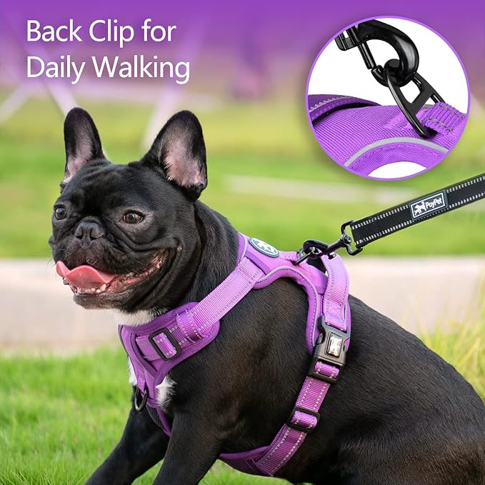 PoyPet No Pull Dog Harness, No Choke Reflective Dog Vest, Adjustable Pet Harnesses with Easy Control Padded Handle for Small Medium Large Dogs(Purple Matching Trim,S)