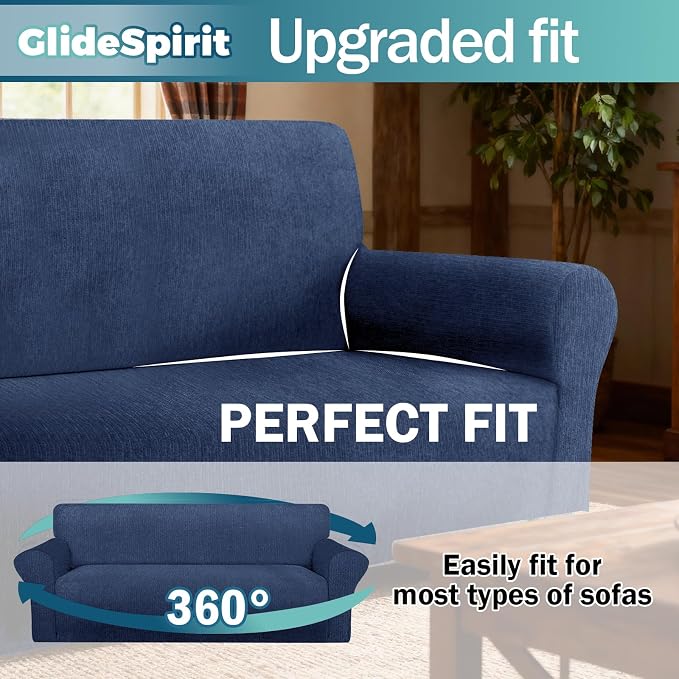 Waterproof Stretch Spandex Loveseat Couch Cover - Non-Slip Soft Sofa Slipcover with Elastic Bottom, Washable Leakproof Furniture Protector for Kids, Pets, Dogs & Cats (Loveseat, Navy)