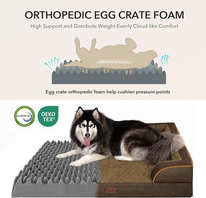 Orthopedic Dog Beds for Large Sized Dogs 35x22 Inch, Medium Waterproof Egg Crate Foam Dog Sofa Bed with Removable Washable Cover Pet Couch with Bolster Side & Non-Slip Bottom, Brown