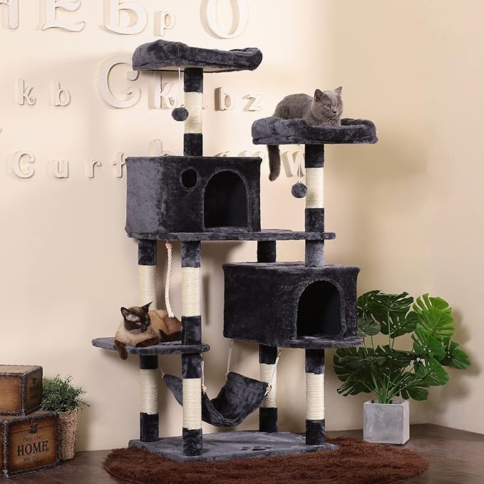 Hey-brother Large Multi-Level Cat Tree Condo Furniture with Sisal-Covered Scratching Posts, 2 Bigger Plush Condos, Perch Hammock for Kittens, Cats and Pets Smoky Gray MPJ020G