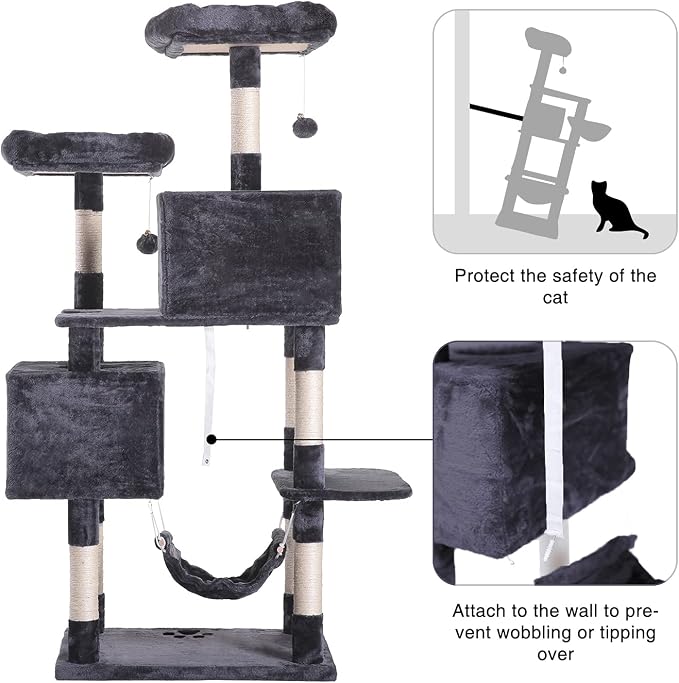 Hey-brother Large Multi-Level Cat Tree Condo Furniture with Sisal-Covered Scratching Posts, 2 Bigger Plush Condos, Perch Hammock for Kittens, Cats and Pets Smoky Gray MPJ020G