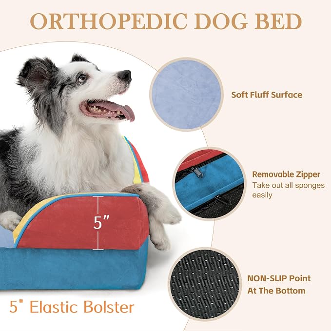Comfort Expression Orthopedic Dog Bed for Extra Large Dogs 45x35 Inch, Waterproof Egg Crate Foam XL Pet Bed with Bolsters, Dog Couch with Washable Cover & Non-Slip Bottom, Funfetti Fiesta
