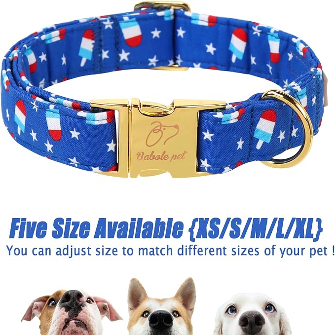 4th of July Dog Collar, Blue Flag Popsicle Patriotic Pet Collar with Metal Buckle, Adjustable Summer Holiday Dog Collars for Small Medium Large Dogs L