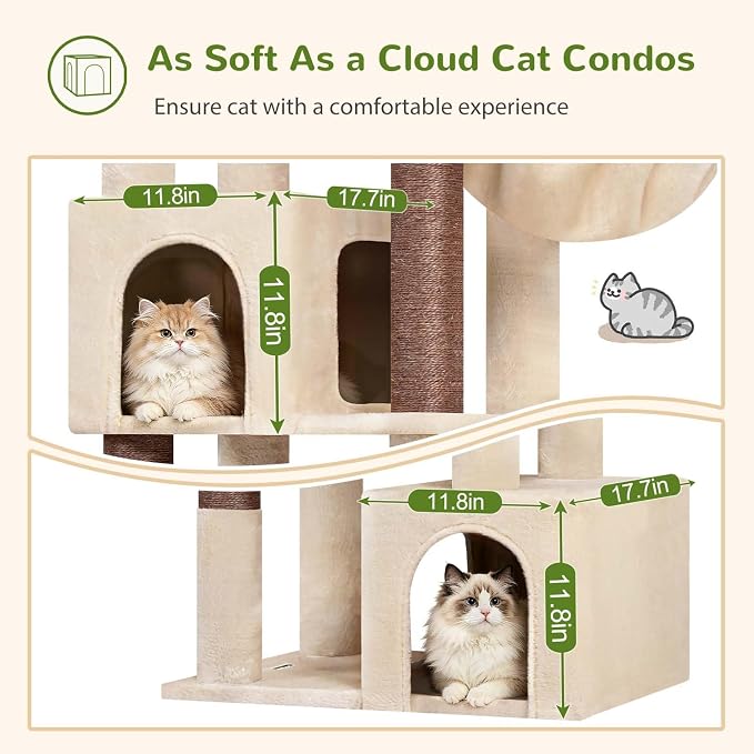 Globlazer 64in Corner Cat Tree for Large Indoor Cats, Space Saving Multi-Level Cat Tower with 2 Condos, 2 Hammocks, 4 Sisal Scratching Posts, C64, Beige