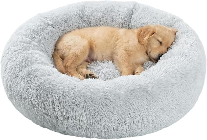 SAVFOX 23 inches Calming Donut Dog Bed - 3X Durable Plush Faux Fur, Machine Washable & Non-Slip, Fits up to 25 lbs, Light Grey