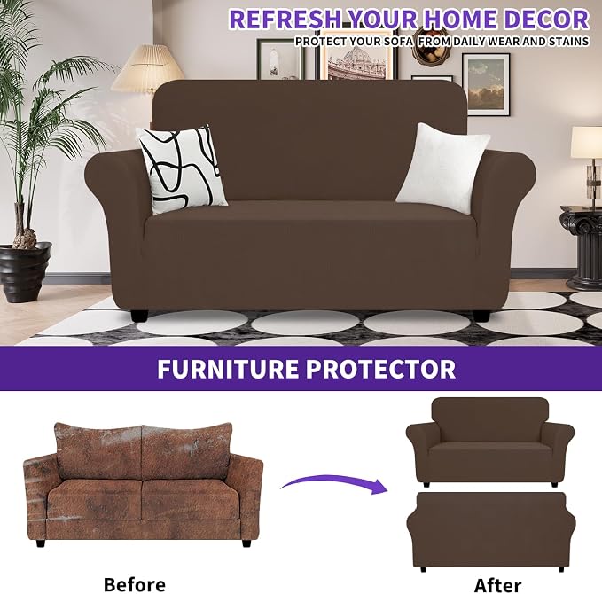 ZNSAYOTX Super Stretch Loveseat Covers (57"-70"), New Striped Love Seat Slipcover, Dogs Pet Friendly Anti-Slip Couch Protector Spandex Durable 2 Seater Fabric Sofa Cover (Coffee, Loveseat)
