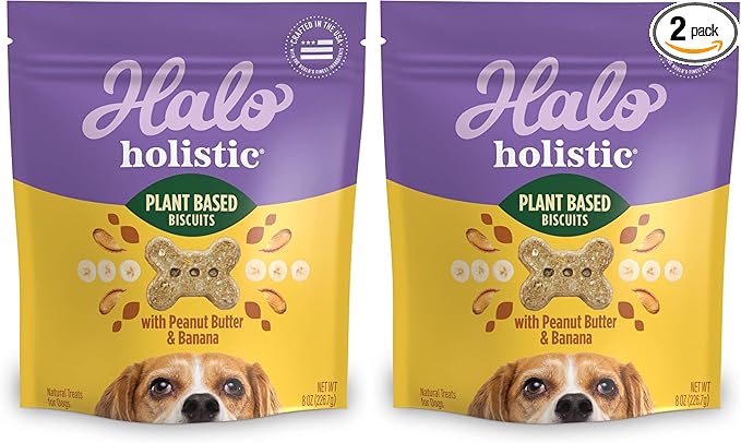 Halo Holistic Vegan Dog Treats, Plant-Based Dog Treat with Oats, Peanut Butter & Banana, Vegan Treat Pouch, 8 Oz Bag (Pack of 2)