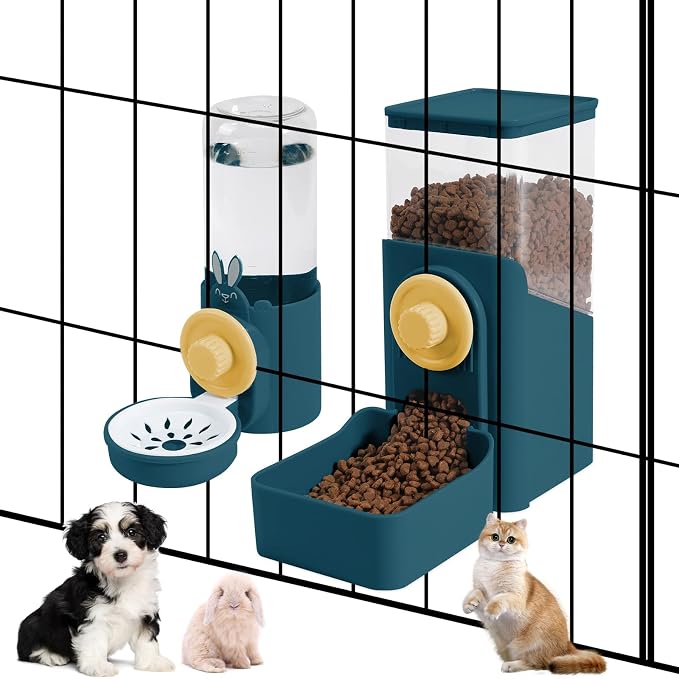 Hanging Automatic Pet Food and Water Dispenser, Auto Gravity Rabbit Ferret Bunny Hedgehog Feeder Water Dispenser Sets, Cat Dog Food and Water Dispenser Food Bowl for Cage Hanging (Dark Blue)