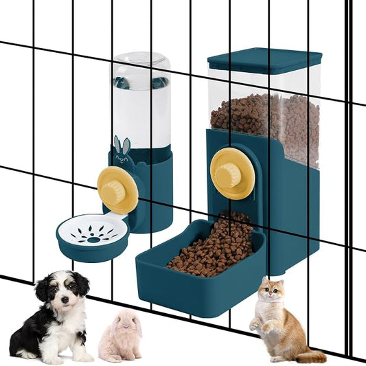 Hanging Automatic Pet Food and Water Dispenser, Auto Gravity Rabbit Ferret Bunny Hedgehog Feeder Water Dispenser Sets, Cat Dog Food and Water Dispenser Food Bowl for Cage Hanging (Dark Blue)