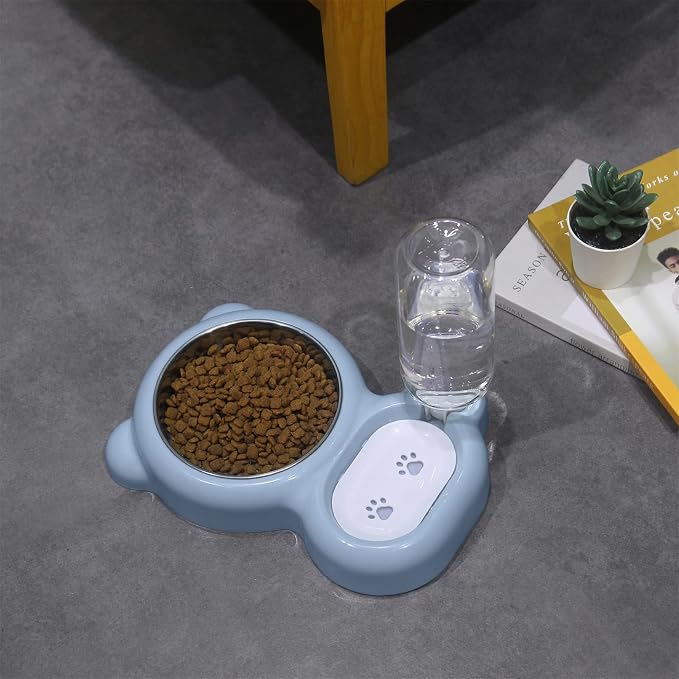 Double Dog Cat Bowls, Cat Food and Water Bowl Set with Auto-Water Dispenser and Stainless Steel Bowl Feeder for Small Size Dogs & Cats, Anti-Slip & Splash Design, Cute Blue