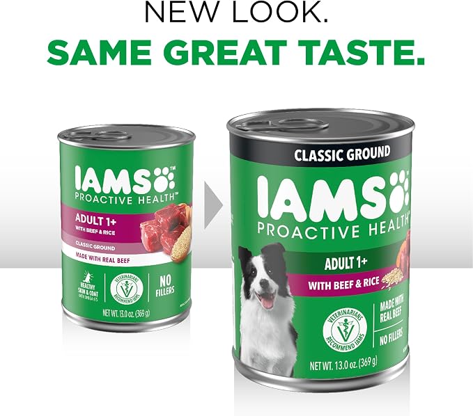 IAMS Proactive Health Wet Dog Food, Adult Wet Dog Food Multipack Ground Dinner, Beef & Rice, 13 oz. Cans (Pack of 12)