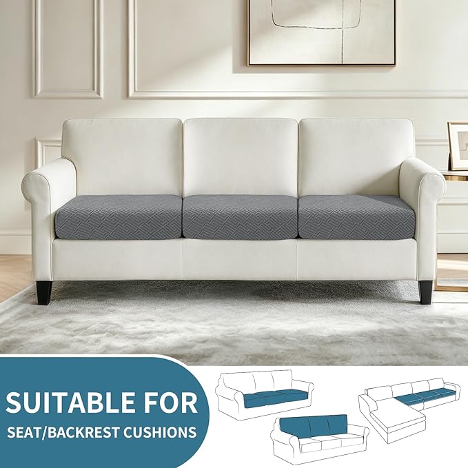 XINEAGE Large Couch Cushion Covers Seat Cushion Cover Thick Stretch Sofa Slipcovers 3 Piece Individual Couch Covers with Elastic Bottom(3 XL Seat Cushion/Backrest,Light Gray)