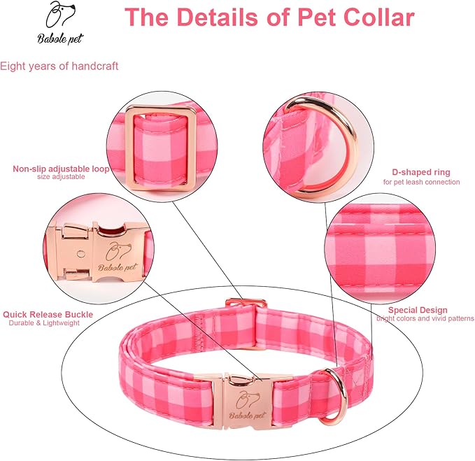 Pink Checkerboard Dog Collar, Classic Girly Plaid Dog Collars, Adjustable Heavy Duty Girl Dogs Collar for Small Medium Large Dogs with Metal Buckle XS