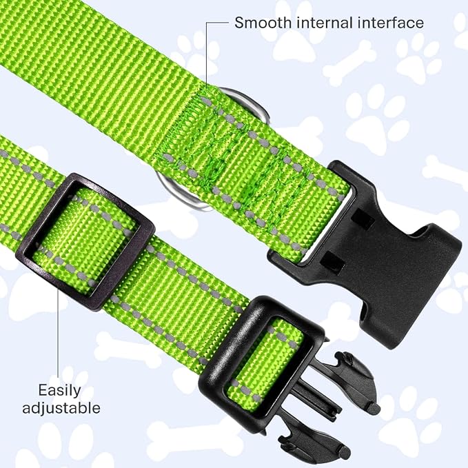 FunTags Length 16" - 24" Reflective Green Dog Collar for Large Dogs – Night Walking & Training Safety, Durable Quick Release Buckle, Nylon, Comfortable Adjustable, Width 1"