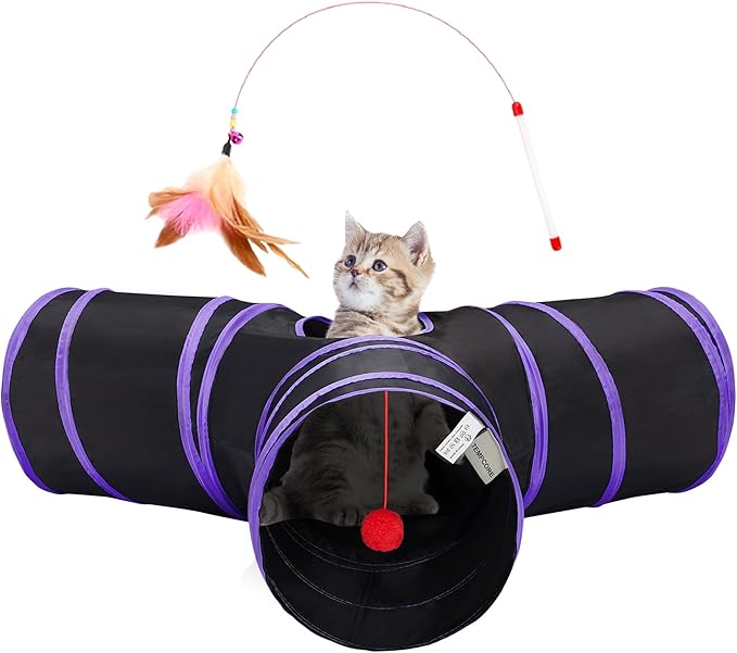 Tempcore Cat Tunnel for Indoor Cats, 3 Way Collapsible Pet Play Tunnel with Teaser Wand, Peek Holes & Hanging Ball, Interactive Tube for Kittens & Rabbits, Black & Purple