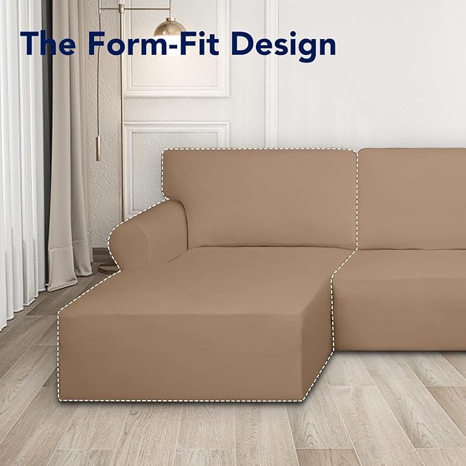 PureFit Super Stretch Sectional Couch Covers - 2 pcs Spandex Non Slip Sofa Covers with Elastic Bottom for L Shape Sectional Sofa Couch, Great for Kids & Pets (3 Seat Sofa + 2 Seat Chaise, Camel)