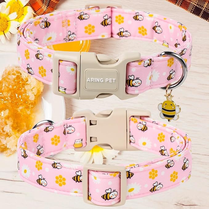 ARING PET Summer Dog Collar, Cute Pink Bee Daisy Floral Pet Collars with Quick Release Buckle for Puppy Small Medium Large Boy Girl Dogs-L