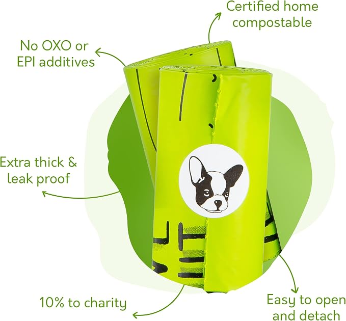 100% Certified Home Compostable Dog Poop Bags with Handles - 10% to Charity - ASTM D6400 & EN 13432 Compliant - 120 x Plant Based Compostable Poop Bags (10 Rolls)