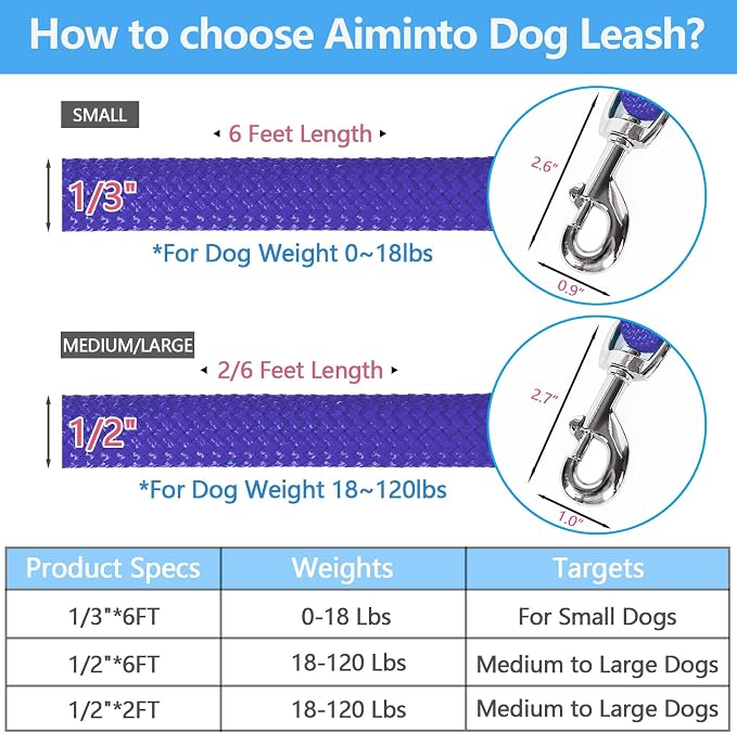 Dog Leash, Braided Rope Traction – Walking Training Lead for Medium/Large Dogs ((1/2") x 6FT, Purple)