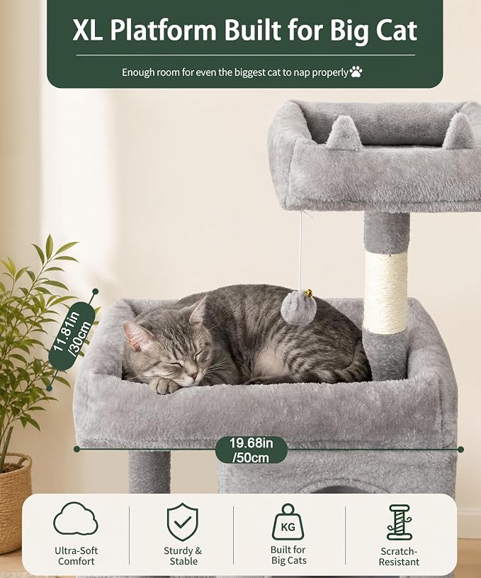 68 Inches Heavy Duty Cat Tree for Indoor Cat, Big Cat Tower with Sisal Scratching Posts and Top Perch, Large Platform for Adult Cats, PMT02GY, Grey
