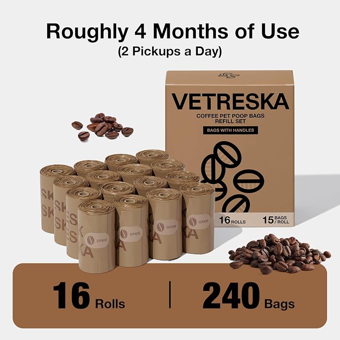 VETRESKA Dog Poop Bags with Handles 240 Count, Coffee Scented Waste Bags, Leak-Proof Thick Dog Bags for Poop, Easy-Tie Large Poop Bags, 16 Refill Rolls for Dog Walking Cat Litter