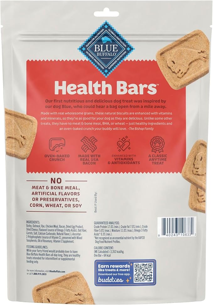 Blue Buffalo Health Bars Bacon, Egg & Cheese Crunchy Dog Biscuits, Oven-Baked with Real Bacon & Natural Ingredients, Healthy Dog Treats with No Artificial Flavors or Preservatives, 16 oz.