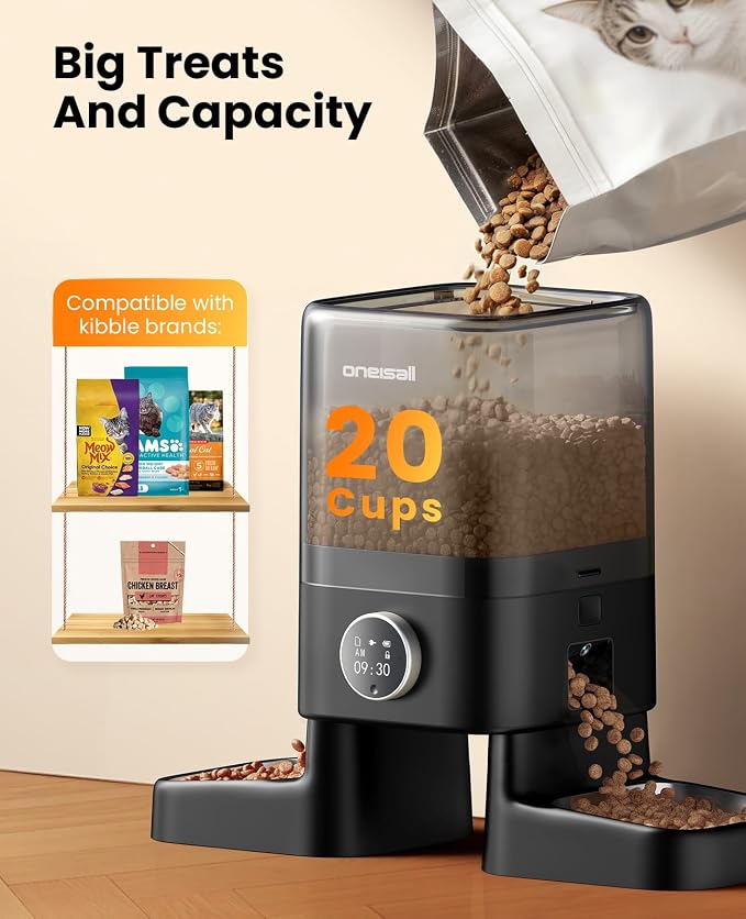 oneisall Automatic Cat Feeder with Camera for 2 Cats, 1080P HD Night Vision, 20 Cups/5L Cat Feeder Automatic, 2-Way Audio, Motion-Activated Alerts, 5G WiFi APP Remote Control Pet Feeder