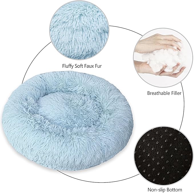 Calming Dog Bed for Small Dogs Cats, Kitty Puppy 23'' Round Anti-Anxiety Warm Fluffy Plush Faux Fur Bed, Soft Anti-Slip Donut Washable Small Pet Bed, Cozy Cat Puppy Bed, Fits up to 30 lbs Pets