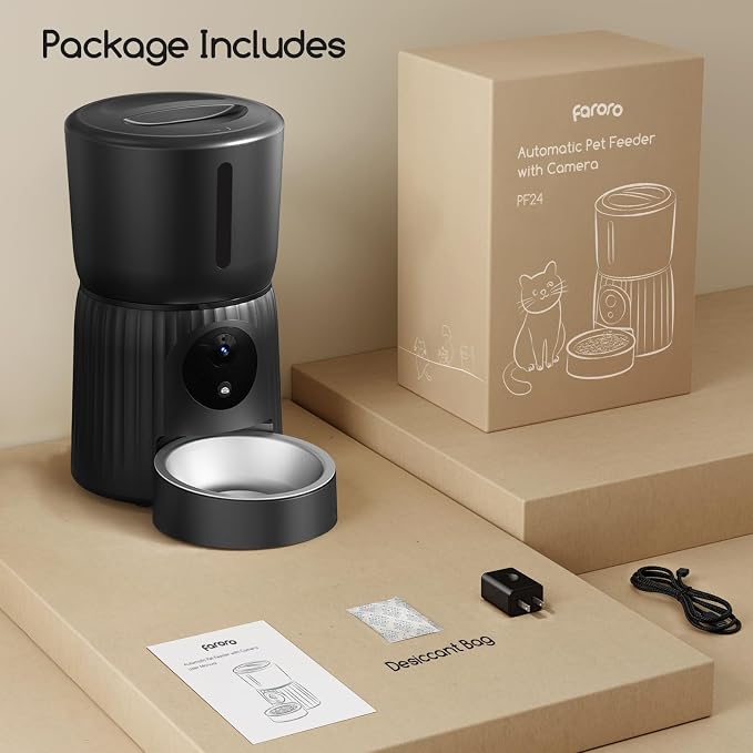 Faroro Automatic Cat Feeder with Camera, 1080P HD Video with Night Vision, 5G WiFi Automatic Dog Feeder with APP Control, 2-Way Audio, Blockage Sensor for Cats or Small Dogs, 4L (Black)
