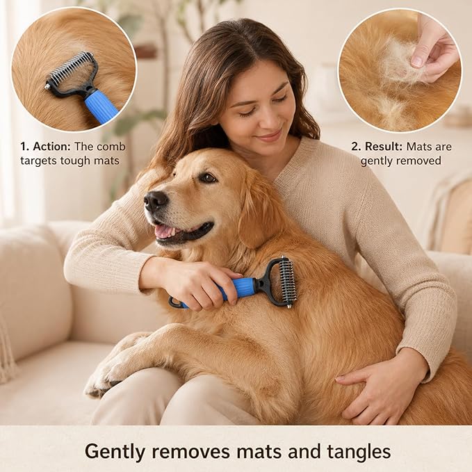 2PCS Pet Pro Grooming Tool, Dematting Comb for Dogs and Cats, Double Sided Undercoat Rake Pet Brush with 17 Teeth, Removes Tangles Knots and Loose Fur (Blue+Pink, Large)