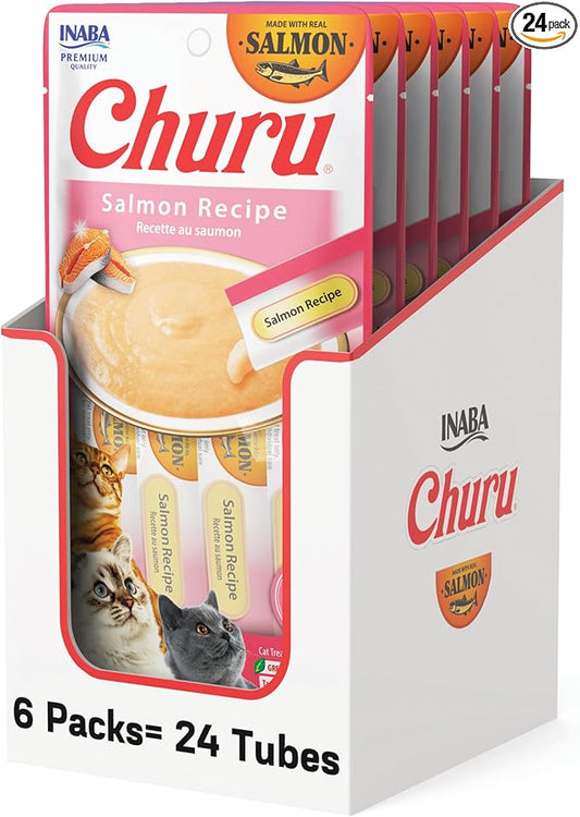 INABA Salmon Churu Cat Treats, Lickable, Squeezable Creamy Purée Cat Treat with Green Tea Extract & Taurine, 0.5 Ounces Each Tube, 24 Tubes (4 per Pack), Salmon Recipe