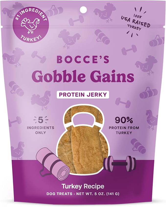 Bocce's Bakery Gobble Gains Turkey Jerky Protein Cuts Dog Treats – Natural & High-Protein, Wheat-Free, Made with Limited and Real Ingredients – Baked in The USA with No Added Salt or Sugar, 5oz
