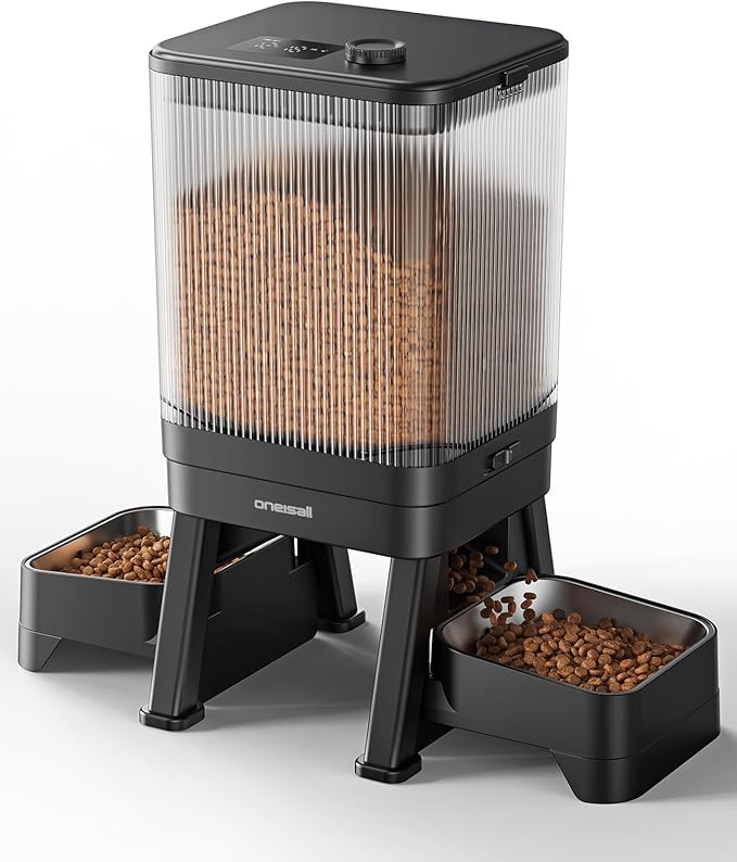 oneisall Automatic Cat Feeder for 2 Cats, 7L/32-Cup Auto Cat Feeder with Timed Portion Control, 1-6 Meals Programmable Cat Food Dispenser, Dual Elevated Stainless Steel Bowls for Multi-Cats Dry Food