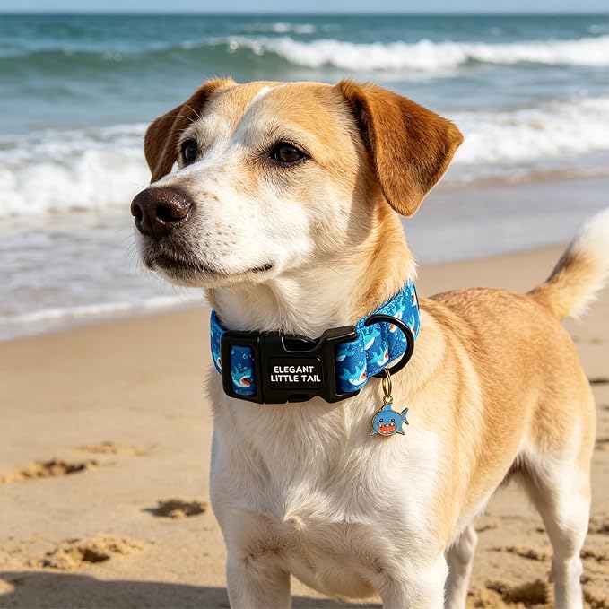 Elegant little tail Dog Collar,Cute Blue Shark Pattern Pet Collars Dog Cotton Soft Sturdy Puppy Collars Female or Male Adjustable Collar for Small Medium Large Dogs