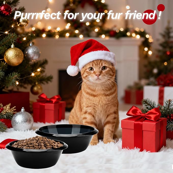 2PCS Cat Bowls Pet Feeding Dish 6.3 Inch, Wide Pet Bowl Pet Feeding Bowl for Indoor Cats, Replacement Food and Water Bowl, Wide Shallow Feeder Bowls for Kitten, Puppy, Rabbit (Black)
