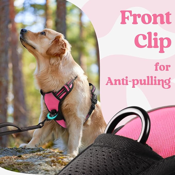 rabbitgoo Dog Harness for Large, No Pull Easy On & Off with 3 Buckles Pet Harness, Adjustable Soft Walking Vest with 2 Clips and Handle, Reflective for Large Dogs, Rose Pink, L