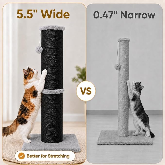 PAWSCRAT Cat Scratching Post 32 Inch High, 5.5 Inch Large Diameter Natural Sisal Cat Scratch Post, Scratch-Resistant and Durable Tall Cat Scratcher for Indoor Cats, Protect Your Furniture, Black