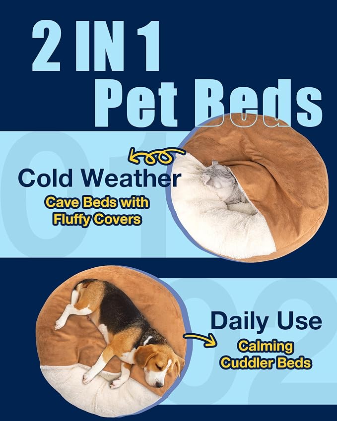 Pet Soft Small Dog Bed Cat Bed with Cover Cave - Round Calming Dog Beds Washable Cuddler Puppy Beds for Small, Medium Dogs and Cats (Khaki, 30")