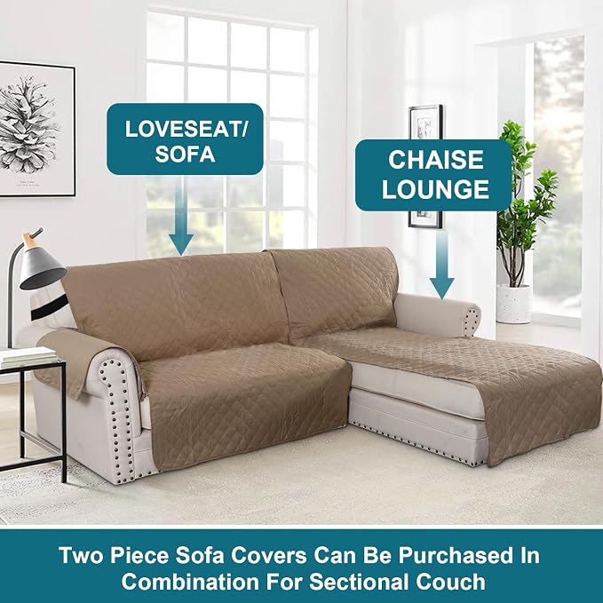 Turquoize 100% Waterproof Sofa Covers Chaise Lounge L Shape Sofa Protector Slip Cover Triple Non-Slip Sofa Slipcover for Chaise Sectional Couch Cover for Pets, Kids (Chaise, Taupe)
