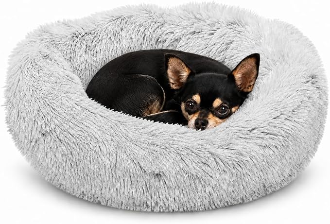 Whiskers & Friends Cat Beds for Indoor Cats, Fluffy Calming Donut Cat Bed, Small Dog Bed Washable - Orthopedic Soft Plush Pet Beds Sized for Kitten to Large Cats & Puppy to Small Dogs, Light Grey 20''