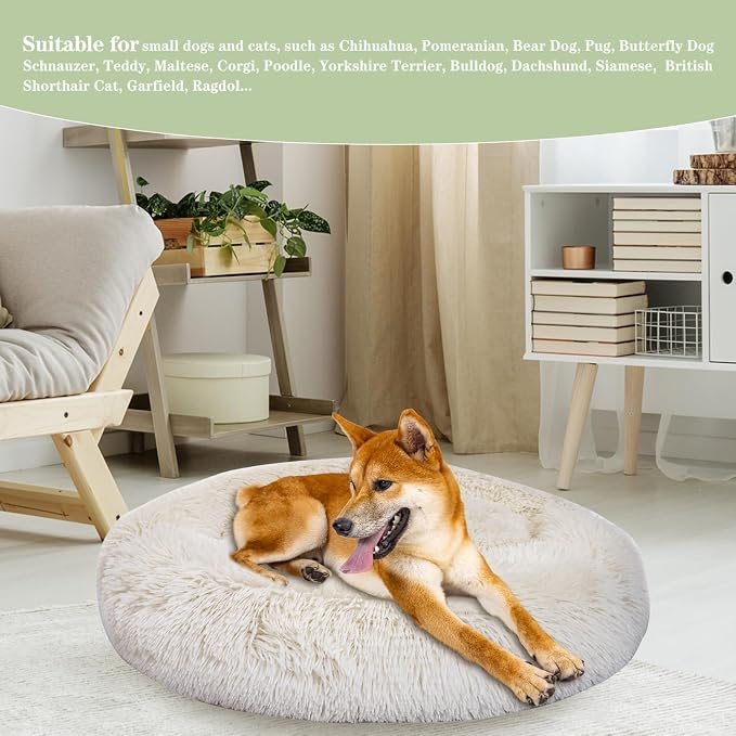 Calming Dog Bed for Medium Dogs Cats, Puppy 31'' Round Anti-Anxiety Warm Fluffy Plush Faux Fur Bed, Soft Anti-Slip Donut Washable, Cozy Medium Puppy Bed, Fits up to 50 lbs Pets