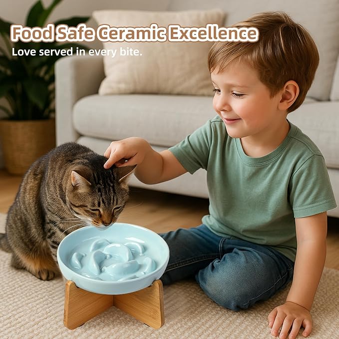 Elevated Slow Feeder Cat Bowl - Ceramic Cat Food Dish with Anti-Slip Bamboo Stand - Whisker Friendly Feeding Bowl - Raised Maze Plate for Slow Down Eating - Pale Blue